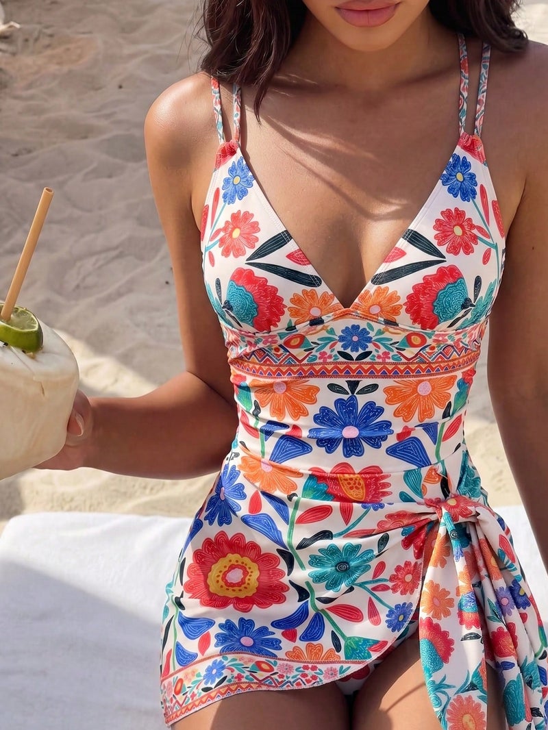 Shein Women's Floral Print Swim Dress with Bikini Bottom, Cross Back Straps Removable Padding Wrap Tie Skirt Beachwear - Image 1