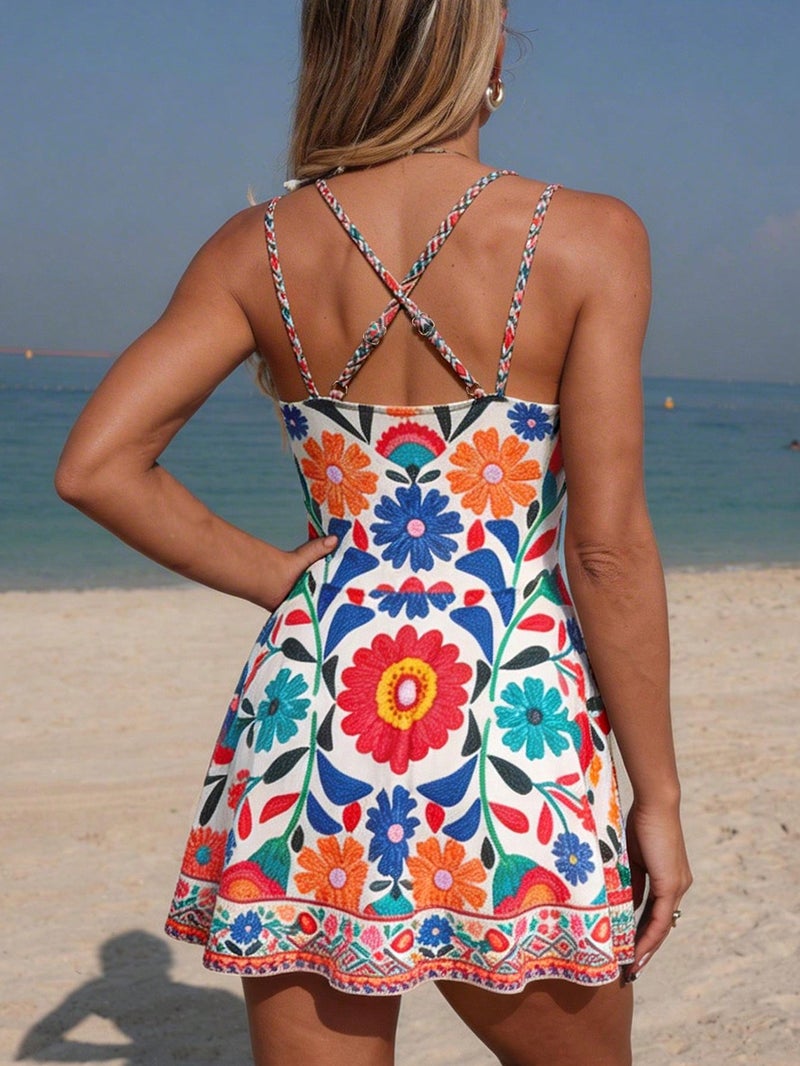Shein Women's Floral Print Swim Dress with Bikini Bottom, Cross Back Straps Removable Padding Wrap Tie Skirt Beachwear - Image 2