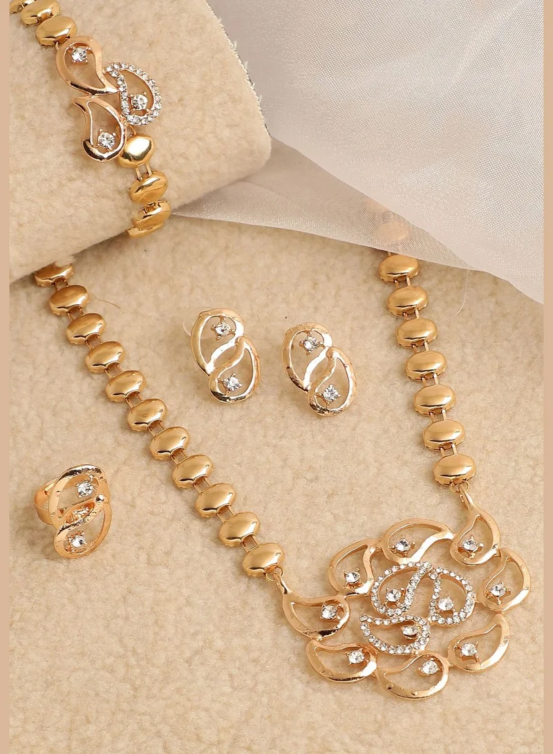 SOHI Gold Plated Designer Stone Necklace, Earring, Ring and Bracelet Set