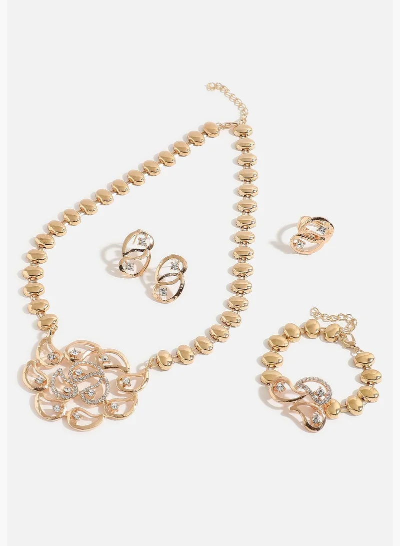 SOHI Gold Plated Designer Stone Necklace, Earring, Ring and Bracelet Set