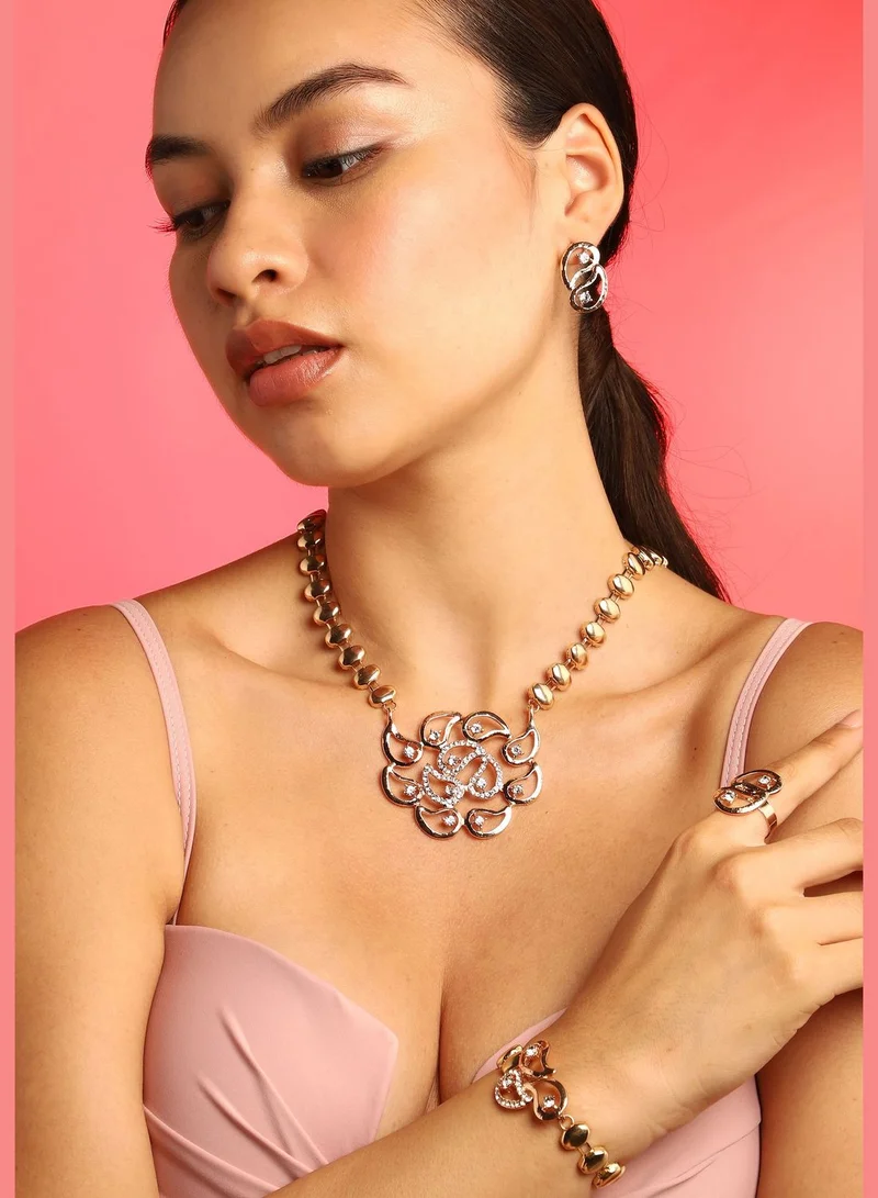SOHI Gold Plated Designer Stone Necklace, Earring, Ring and Bracelet Set