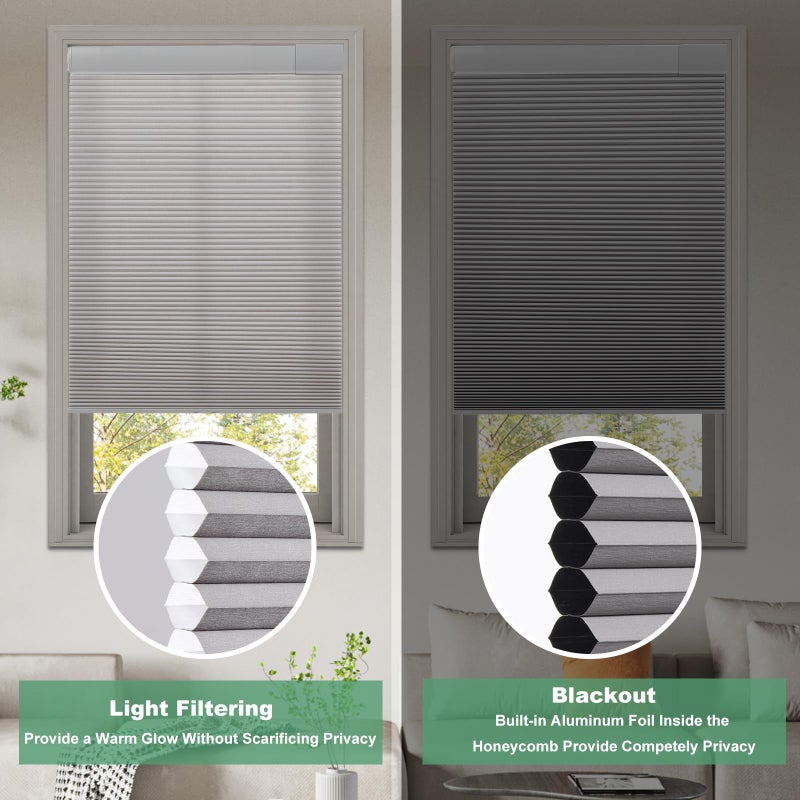 Tonature No Drill Cellular Shades for Indoor Windows, Thermal Insulating & Noise Reducing Honeycomb Blinds, Free Stop Cordless Blackout Shades, Grey, 22" W x 64" H - Image 5