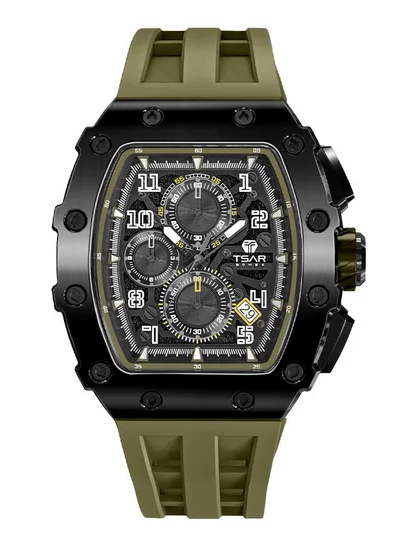 TSAR BOMBA Elemental Series 43mm Chronograph Men's Watch with Olive Green Silicone Strap