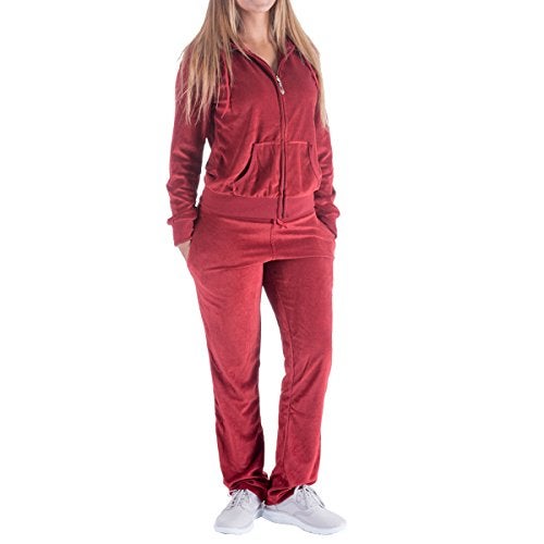 Facitisu Womens Velour Sweatsuit Solid TracksuitSet Hoodie and Pants Casual Zip Up Outfits Set Jogging Suit X-Large Brick Red - Image 1