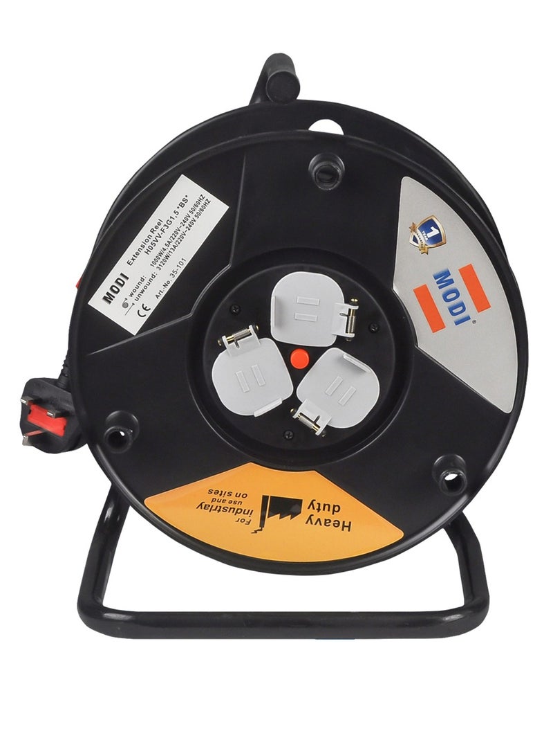 MODI Heavy Duty 25m Cable Reel – 3x1.5mm² Copper Wire, Fire Retardant Extension Cable with Overload Protection for Home, Office & Industrial Use - Image 3