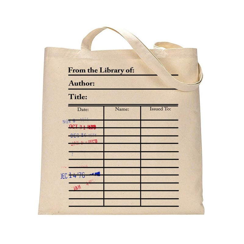 Universal Zone Library Card Tote Bag with Vintage Due Date Stamps, Book Lover Canvas Bag, Literary Handbag, Reusable Book Tote - Image 1