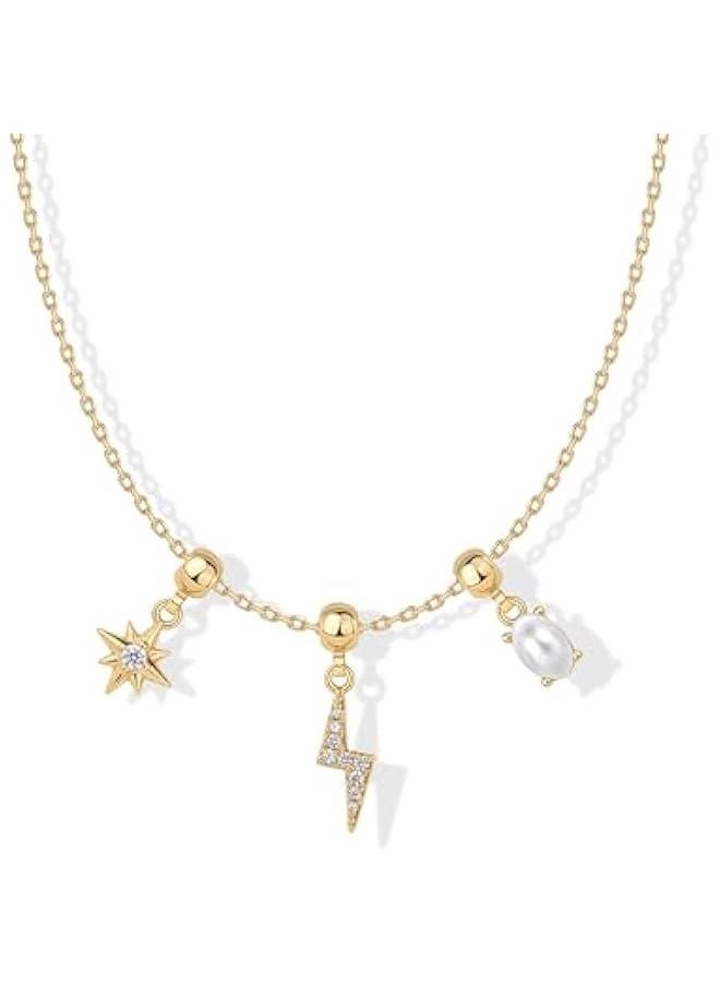 PAVOI - Adjustable Whimsical Gold Charm Necklace for Women, 14K Gold Plated Cute Dainty Pendant Necklaces with Charms Set, Hypoallergenic Chain Trendy Cubic Zirconia Heart Religious Sports Pearl Pendant - Image 1