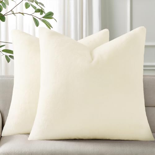Pallene Faux Fur Plush Throw Pillow Covers 18x18 Set of 2 Soft Fluffy Couch Pillow Covers for Living Room Cream White - Image 1