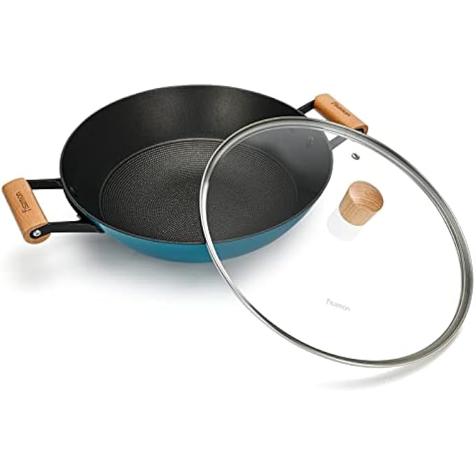 فيسمان مقلاة ووك مع غطاء Seagreen مقاس 32 × 92 سم، مقلاة ووك من الحديد الزهر 5 لتر لموقد الحث بمقابض خشبية، مقلاة غير لاصقة من الحديد الزهر للقلي السريع - Image 2