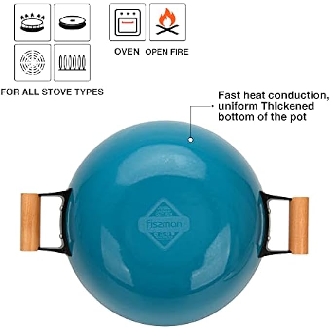 فيسمان مقلاة ووك مع غطاء Seagreen مقاس 32 × 92 سم، مقلاة ووك من الحديد الزهر 5 لتر لموقد الحث بمقابض خشبية، مقلاة غير لاصقة من الحديد الزهر للقلي السريع - Image 4