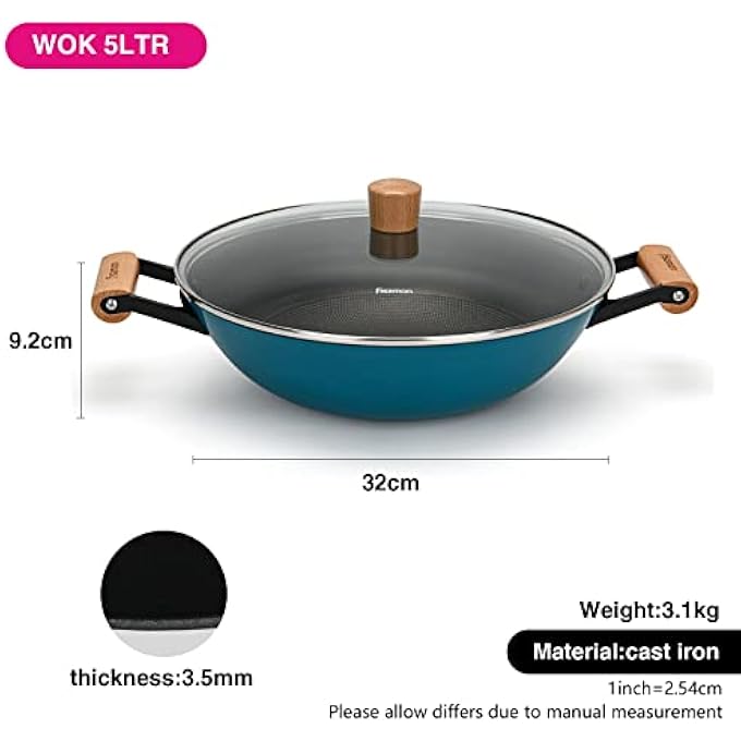 فيسمان مقلاة ووك مع غطاء Seagreen مقاس 32 × 92 سم، مقلاة ووك من الحديد الزهر 5 لتر لموقد الحث بمقابض خشبية، مقلاة غير لاصقة من الحديد الزهر للقلي السريع - Image 5