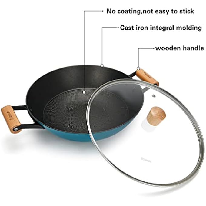 فيسمان مقلاة ووك مع غطاء Seagreen مقاس 32 × 92 سم، مقلاة ووك من الحديد الزهر 5 لتر لموقد الحث بمقابض خشبية، مقلاة غير لاصقة من الحديد الزهر للقلي السريع - Image 3