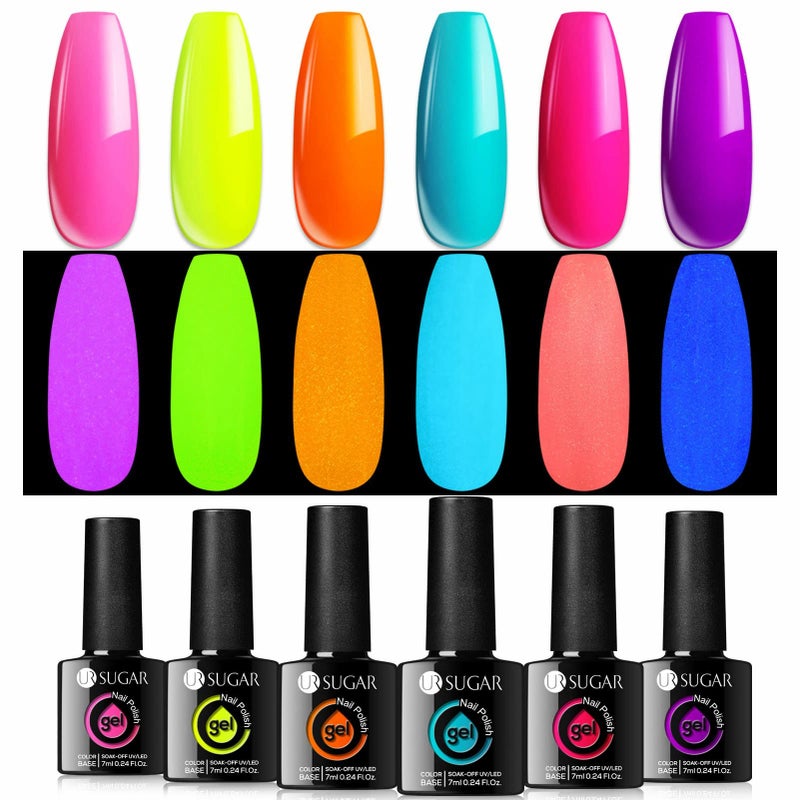 UR SUGAR Glow in the Dark Gel Nail Polish Set, Halloween Neon Hot Pink Yellow Orange Bright Luminous Gel Polish Set Fluorescent 6 Colors Glow in Dark Effect Soak Off Nail Polish Kit for Party Nails - Image 1