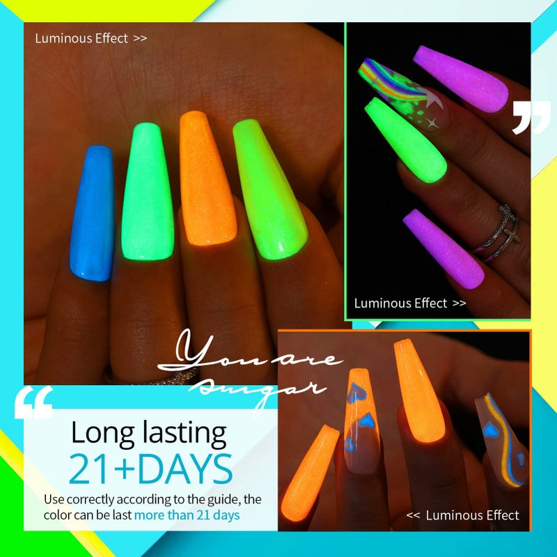 UR SUGAR Glow in the Dark Gel Nail Polish Set, Halloween Neon Hot Pink Yellow Orange Bright Luminous Gel Polish Set Fluorescent 6 Colors Glow in Dark Effect Soak Off Nail Polish Kit for Party Nails - Image 4