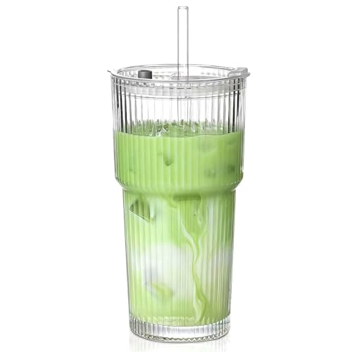 MINGHYZYA 20 oz Glass Tumblers Iced Coffee Cups with Lids and Glass Straws Thickened Wall Ribbed Glass Cups Ideal for Smoothies Cocktails and Juices Vintage and Durable Drinkware 1 Pack - Image 1