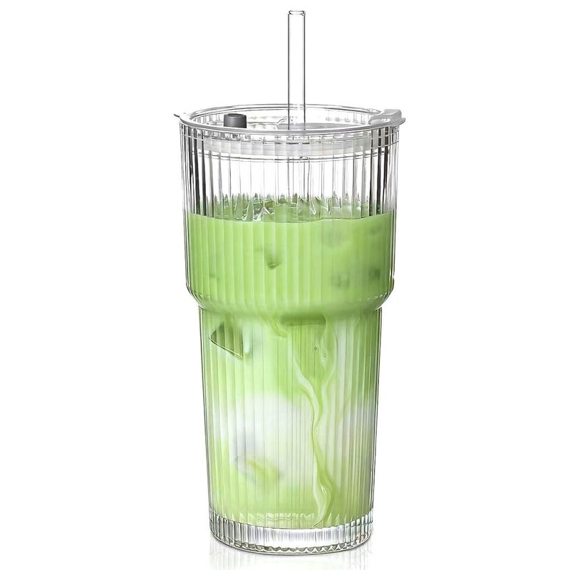 MINGHYZYA 20 oz Glass Tumblers Iced Coffee Cups with Lids and Glass Straws Thickened Wall Ribbed Glass Cups Ideal for Smoothies Cocktails and Juices Vintage and Durable Drinkware 1 Pack - Image 2