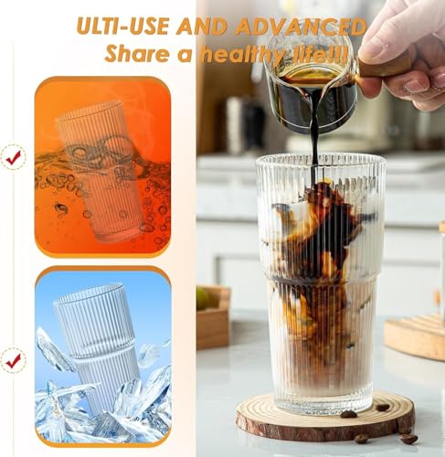MINGHYZYA 20 oz Glass Tumblers Iced Coffee Cups with Lids and Glass Straws Thickened Wall Ribbed Glass Cups Ideal for Smoothies Cocktails and Juices Vintage and Durable Drinkware 1 Pack - Image 3