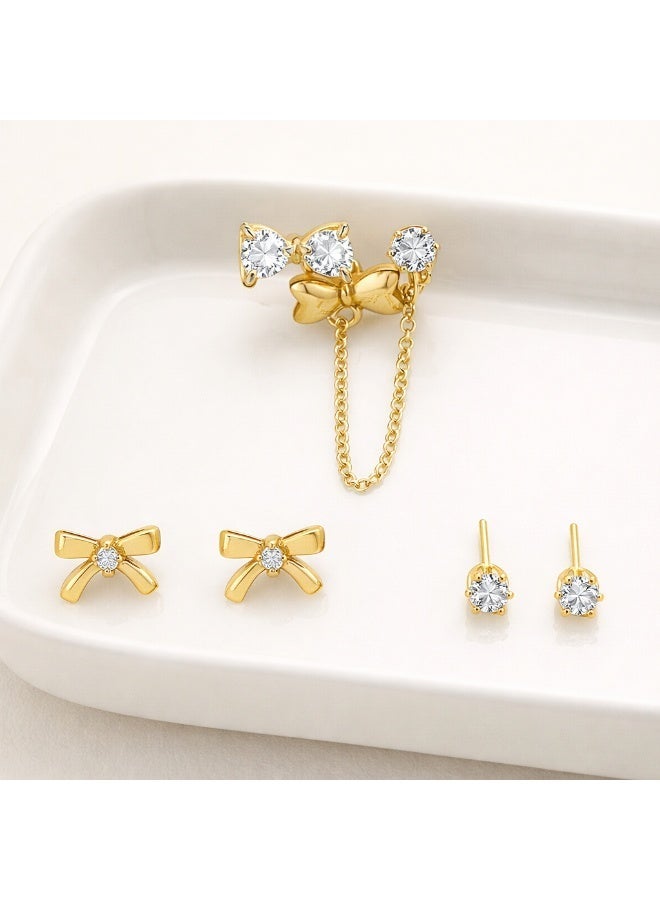 MTZ 3 Pairs Cubic Zirconia Stud Earrings Set for Women, Hypoallergenic Gold Plated Crystal Earrings, Dainty CZ Diamond Studs in Various Sizes, Sensitive Ear Friendly Jewelry Gift Box - Image 3