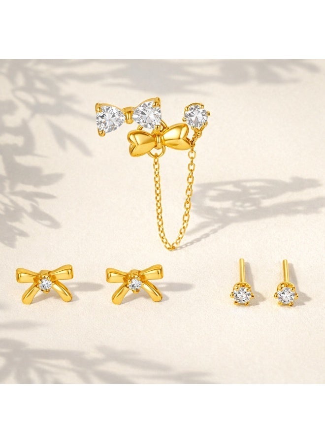 MTZ 3 Pairs Cubic Zirconia Stud Earrings Set for Women, Hypoallergenic Gold Plated Crystal Earrings, Dainty CZ Diamond Studs in Various Sizes, Sensitive Ear Friendly Jewelry Gift Box - Image 5