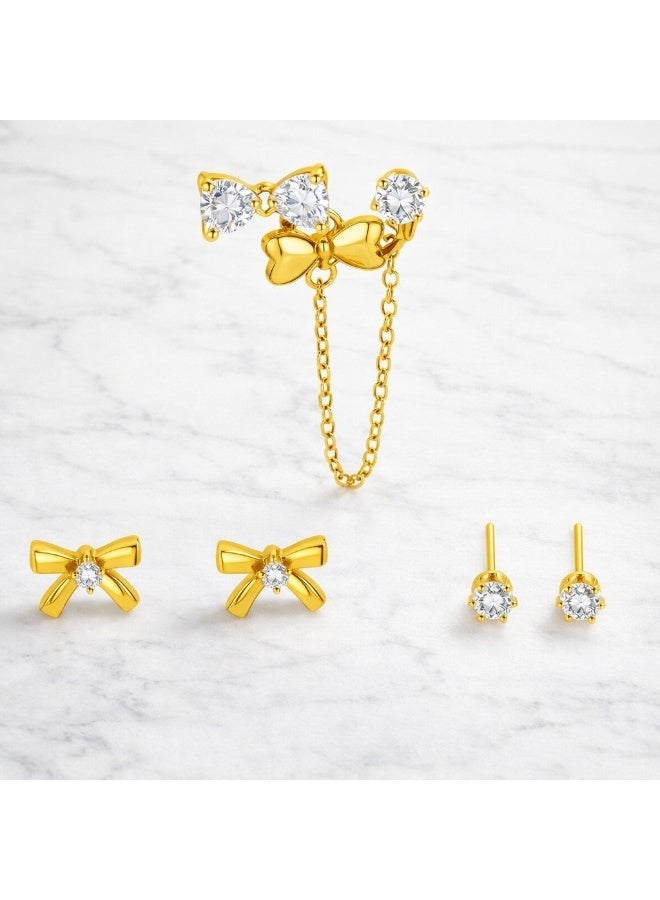 MTZ 3 Pairs Cubic Zirconia Stud Earrings Set for Women, Hypoallergenic Gold Plated Crystal Earrings, Dainty CZ Diamond Studs in Various Sizes, Sensitive Ear Friendly Jewelry Gift Box - Image 2