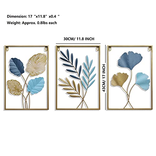 MKUN Iron Wall Sculptures Large Set of 3 rectanglar Metal Wall Decor with Ginkgo Biloba Art Great for Home Hotel Decoration Gold Blue - Image 3