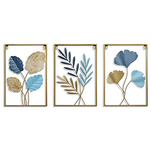 MKUN Iron Wall Sculptures Large Set of 3 rectanglar Metal Wall Decor with Ginkgo Biloba Art Great for Home Hotel Decoration Gold Blue - Image 1