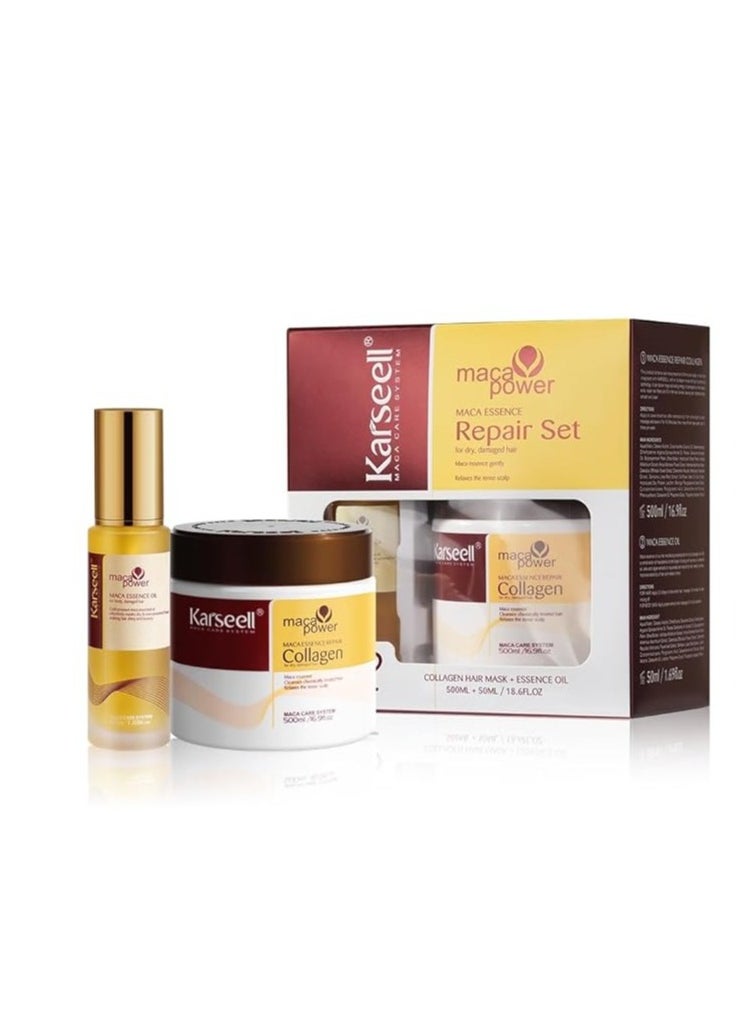 Karseell - Karseell Maca essence Repair Set - Collagen Hair Mask 500ml  - Maca Oil Hair Serum for Dry Damaged Hair 50ml - All Hair Types - Image 1