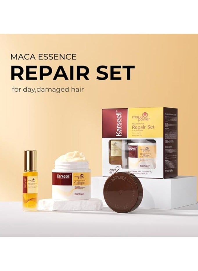 Karseell - Karseell Maca essence Repair Set - Collagen Hair Mask 500ml  - Maca Oil Hair Serum for Dry Damaged Hair 50ml - All Hair Types - Image 1