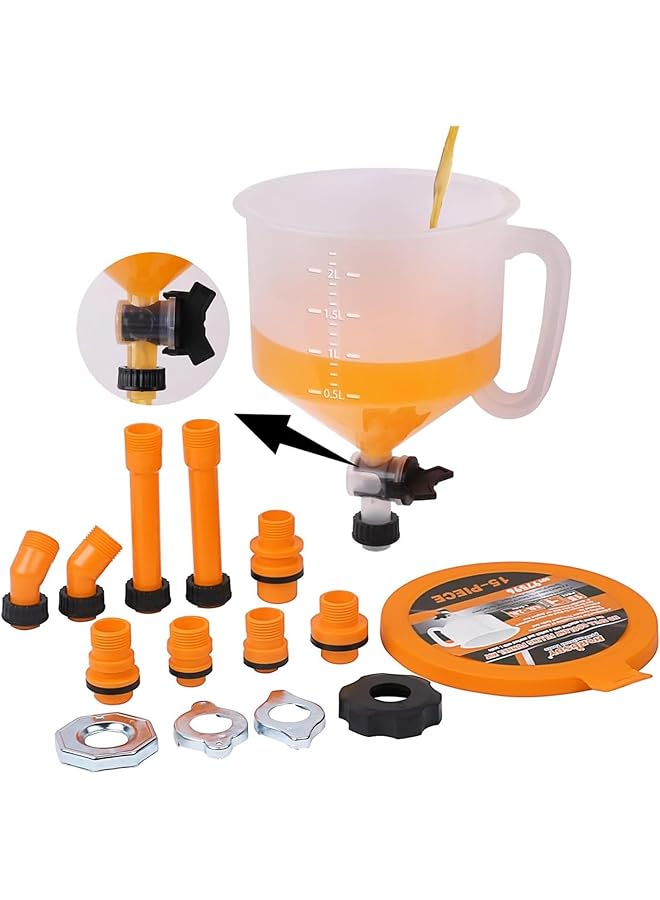 No-Spill Coolant Funnel Kit 15Pcs, With Valve Switch And Handle On Funnels, Radiator Bleeder Funnel Kit, Car Coolant Refill Tool, Universal Fitment Applicable To Any Vehicle - Image 1