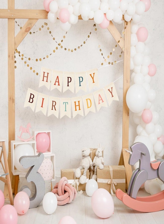 Doumeny Happy Birthday Burlap Banner Boho Birthday Garland Bunting Bohemian Party Hanging Flag White Happy Birthday Bunting Garland Rainbow Party Banner for Women Men Birthday Kid Photo Backdrop - Image 3