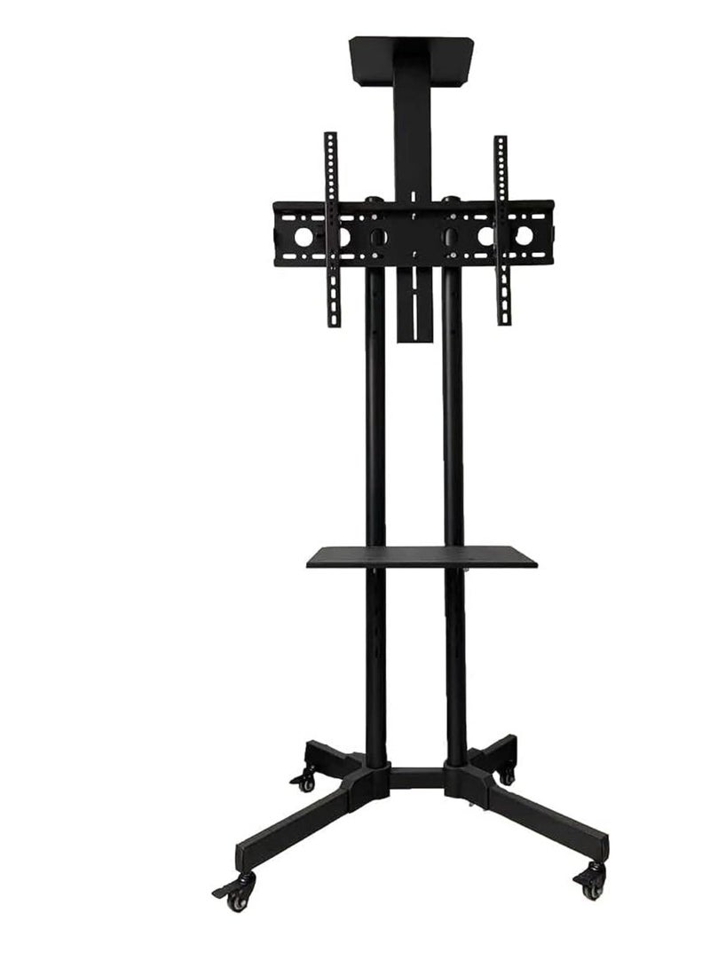 Mobile TV Cart with Shelf, Height Adjustable Mount and Lockable Wheels, 32-65 Inch Screen Support, Black 