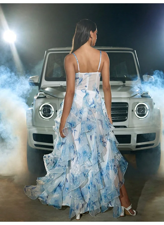 Madam Uniq Holiday Style Lace-Trimmed Floral Print Chiffon Ruffle Spaghetti Strap Maxi Dress