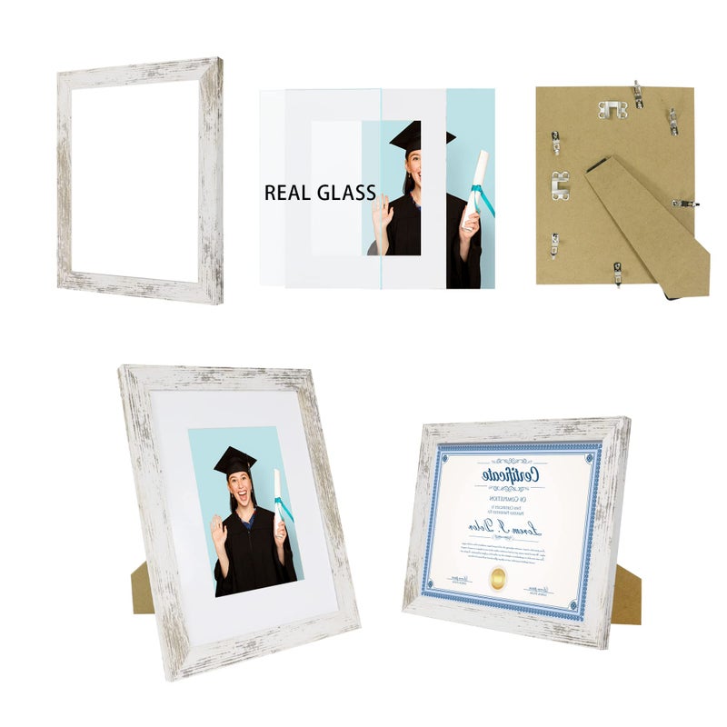 Hongkee 8.5 x 11 Picture Frame Set of 4, Made of Real Glass and Distressed White Certificate & Diploma Frame, 8.5 by 11 Photo for Wall or Tabletop - Display Picture 6x8 with Mat or 8.5x11 Without Mat - Image 2