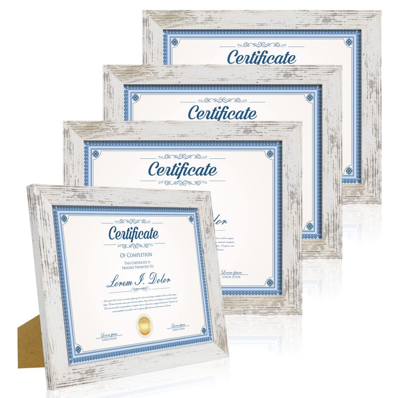 Hongkee 8.5 x 11 Picture Frame Set of 4, Made of Real Glass and Distressed White Certificate & Diploma Frame, 8.5 by 11 Photo for Wall or Tabletop - Display Picture 6x8 with Mat or 8.5x11 Without Mat - Image 1