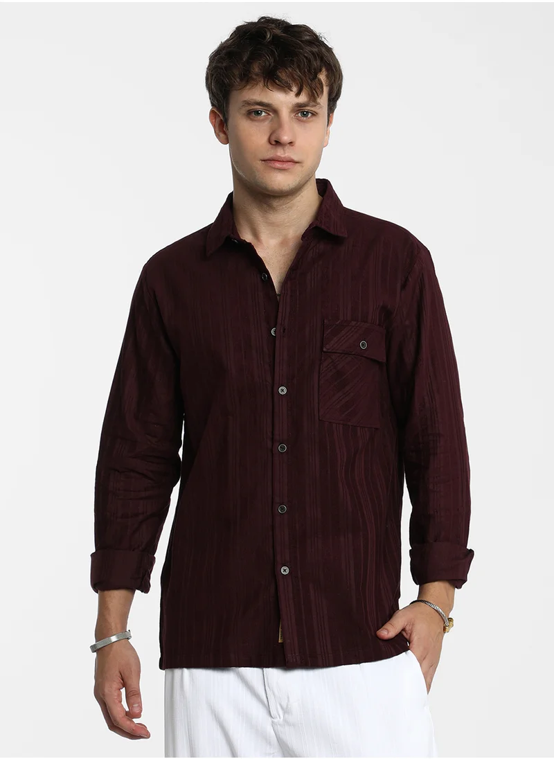 Campus Sutra Men's Burgundy Red Multitrack-Striped Shirt