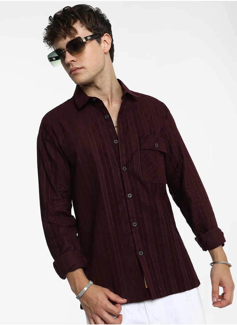 Campus Sutra Men's Burgundy Red Multitrack-Striped Shirt