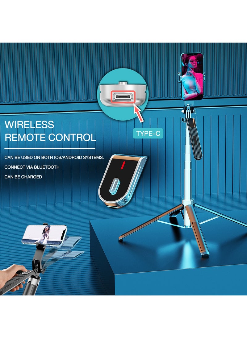 Scalable1.8m Phone Selfie Stick With Light 360° Rotation Mobile PTZ Tripod Holder Bluetooth Remote Control For Recording, Video, Photo Taking