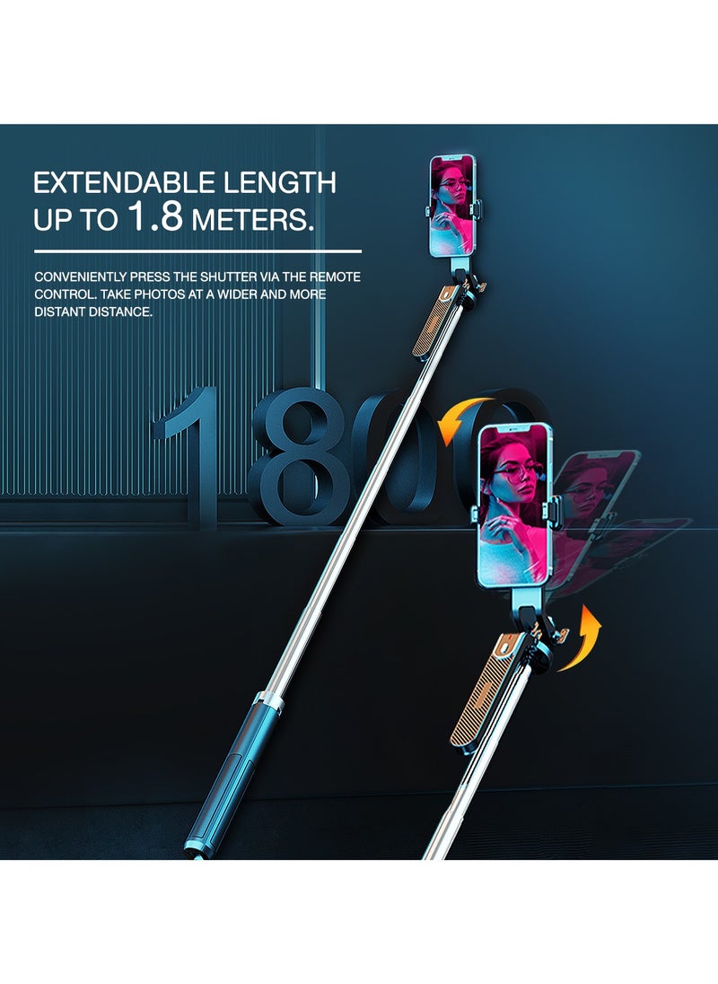 Scalable1.8m Phone Selfie Stick With Light 360° Rotation Mobile PTZ Tripod Holder Bluetooth Remote Control For Recording, Video, Photo Taking
