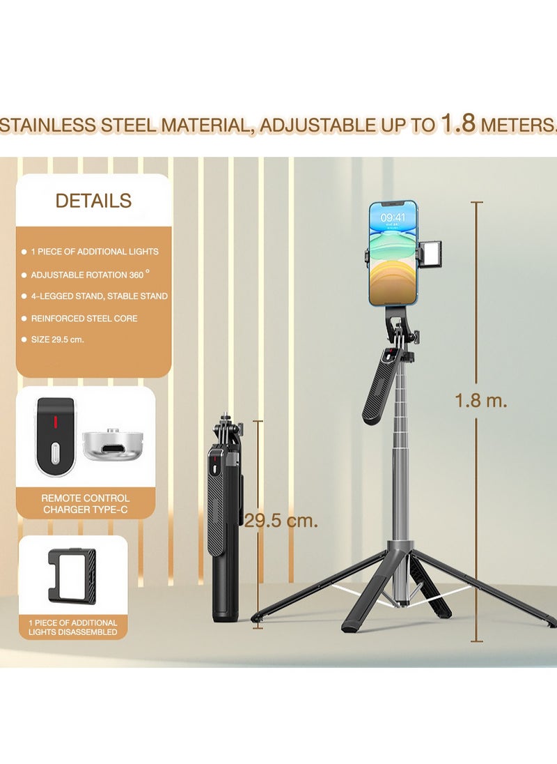 Scalable1.8m Phone Selfie Stick With Light 360° Rotation Mobile PTZ Tripod Holder Bluetooth Remote Control For Recording, Video, Photo Taking
