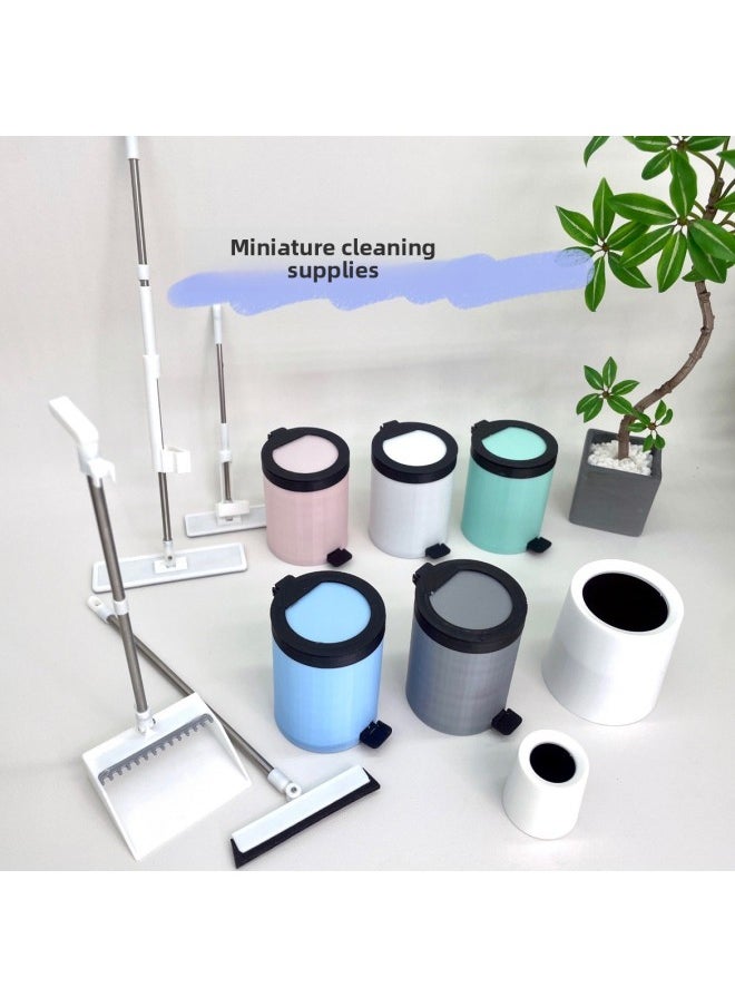 null - Miniature Sponge Mop Diy Mini Trash Can Dustpan Broom Model 6 Points 12 Points Doll House Furnishings-Color:Black 6-point Trash Can Two-piece Set - Image 1