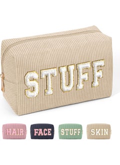 MAGEFY MAGEFY Corduroy Makeup Bag Small Makeup Bag for Purse with Compartments Cute Makeup Pouch Cosmetic Bag for Women Friends Preppy Gifts (Beige, STUFF) 