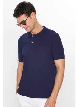 Tudors Men's Slim Fit Slim Cut Cotton Soft Texture Cool Fabric Plain Pique Navy Blue Polo Neck T-Shirt  - Image 1