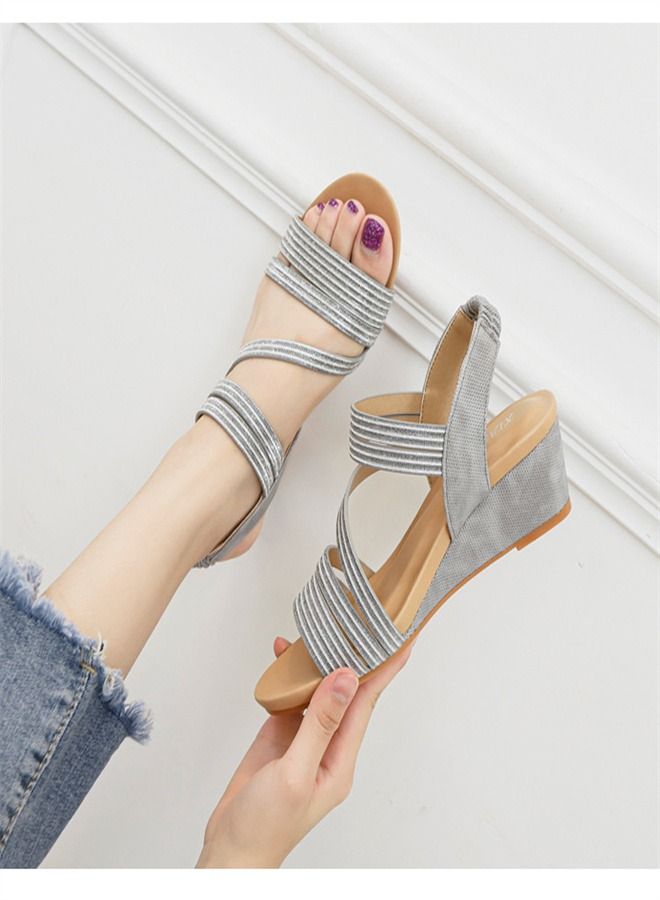 Loquat Fashion Strip Wedge Heel Sandals 5CM Grey - Image 2