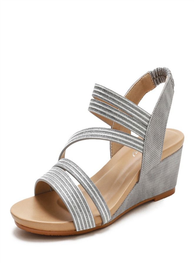 Loquat Fashion Strip Wedge Heel Sandals 5CM Grey - Image 1