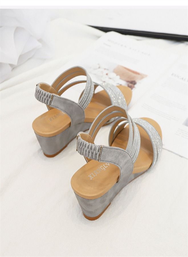 Loquat Fashion Strip Wedge Heel Sandals 5CM Grey - Image 3