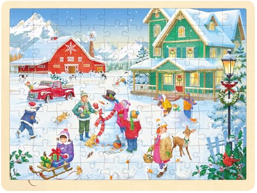 MoinKidz Christmas Puzzles for Kids Ages 35 100 Piece Puzzle for 3 4 5 6 7 8 Year Old Winter Snowy Farm Wooden Jigsaw Puzzles for Kids Ages 48 with Storage Tray - Image 1