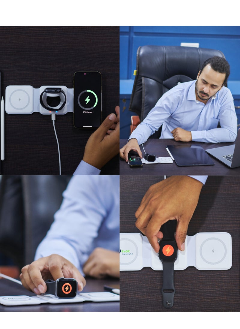 Evolt - WC-100 3-in-1 Magnetic 15W Fast Wireless Charger, Charges multiple devices with Compact foldable design and Over-current protection - Image 1