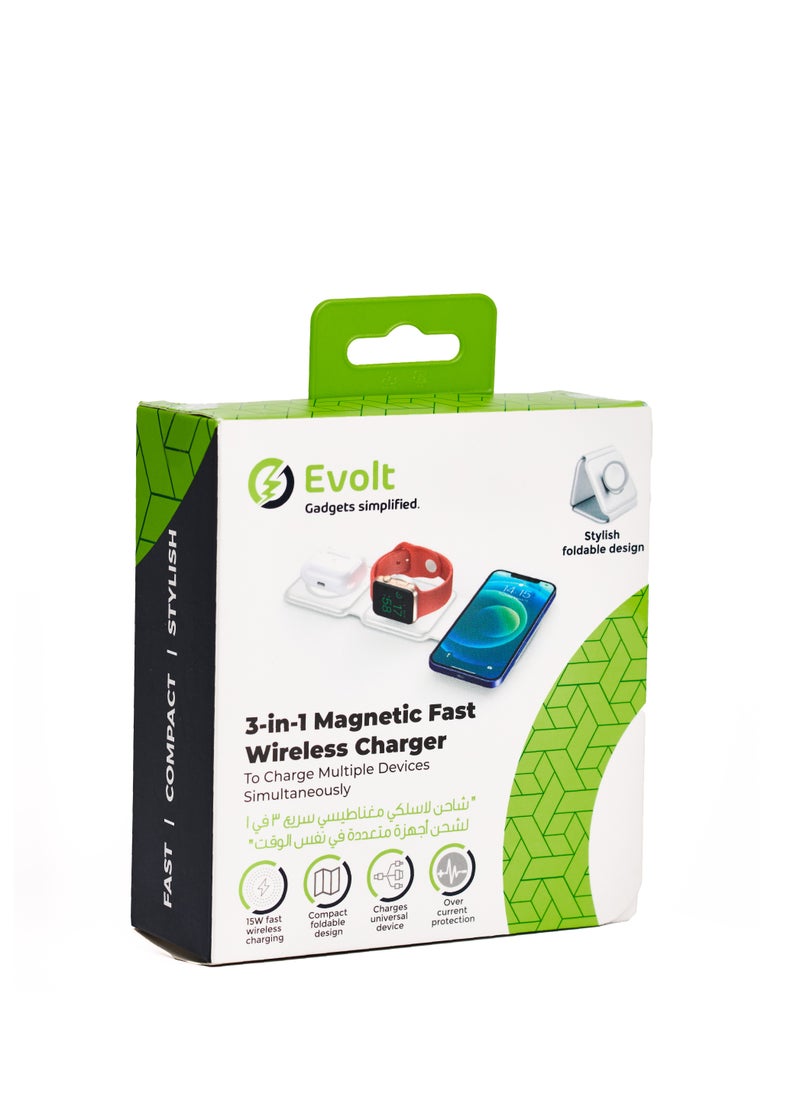 Evolt - WC-100 3-in-1 Magnetic 15W Fast Wireless Charger, Charges multiple devices with Compact foldable design and Over-current protection - Image 1