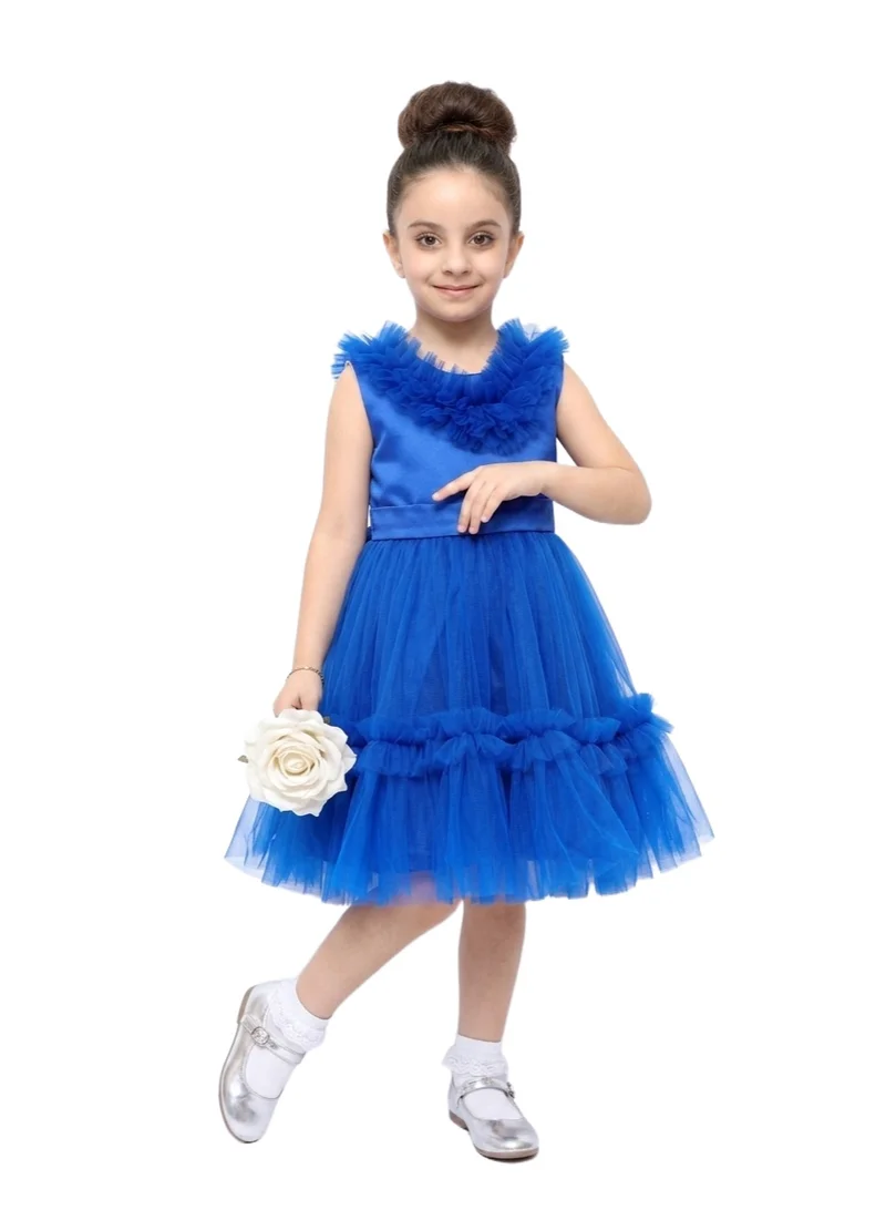 بيداني Girls' Tiered Tulle Ruffle Dress - Royal Blue