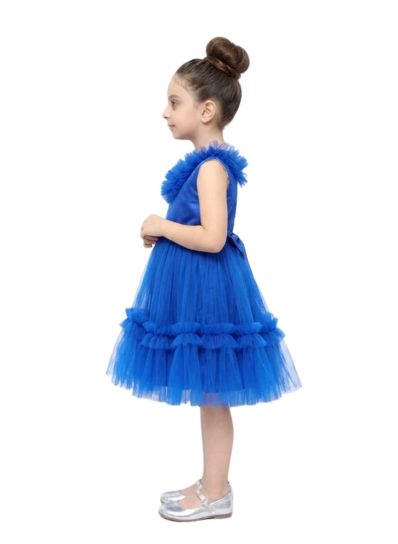 بيداني Girls' Tiered Tulle Ruffle Dress - Royal Blue
